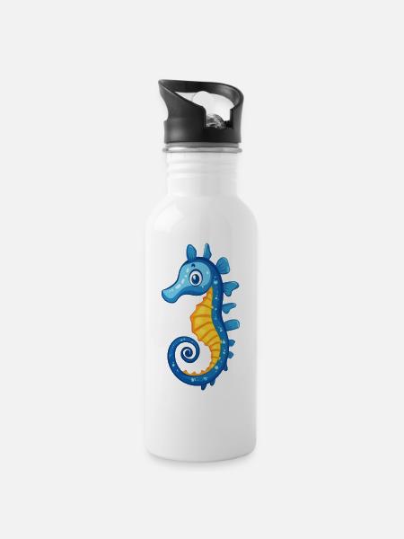 blue seahorse - Water bottle with straw - white