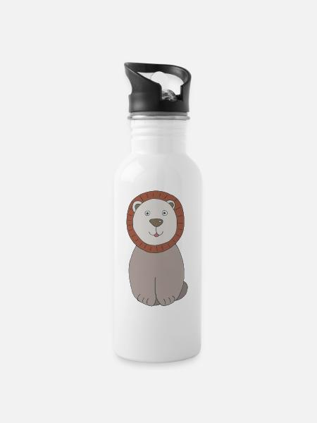 Löwenkopf mit freundlichem Gesicht - Trinkflasche mit integriertem Trinkhalm - Weiß