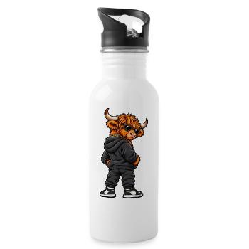 Gangster Highland Cattle im Streetwear Look - Trinkflasche mit integriertem Trinkhalm - Weiß - Rechts
