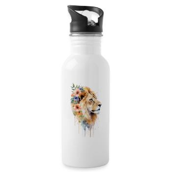 Floral Lion Portrait - A Regal Tapestry - Water bottle with straw - white - Right