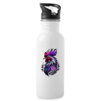Rooster colorful in tattoo style - Water bottle with straw - white - Right