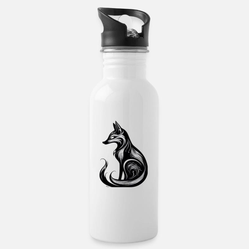 Minimalistic Black & White Fox - Water bottle with straw - white