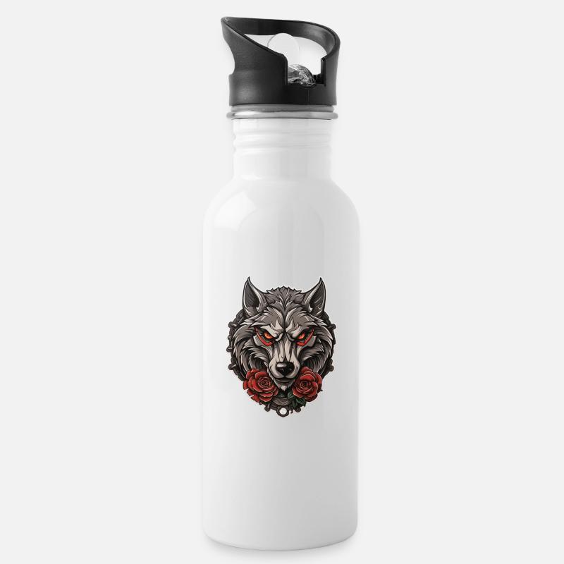 Gothic Wolf Roses Illustration - Mystical Wildlife - Water bottle with straw - white