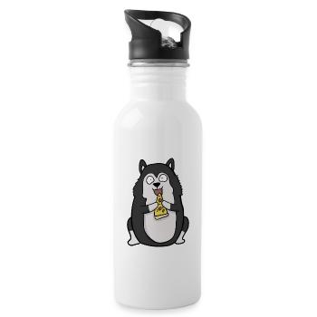 Fat Husky Dog Eating Pizza Funny Comic Style - Water bottle with straw - white - Right