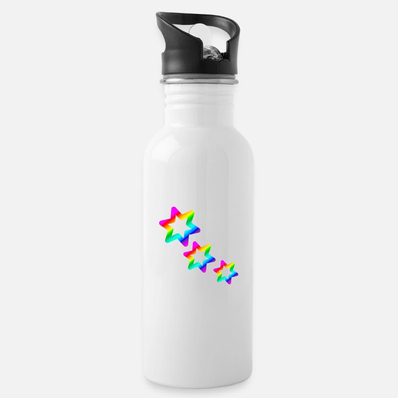 bunte Sterne Regenbogen - Trinkflasche mit integriertem Trinkhalm - Weiß