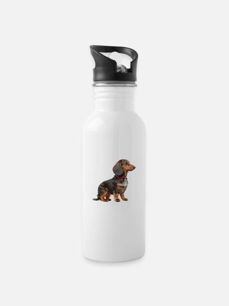 Dackel - Trinkflasche mit integriertem Trinkhalm - Weiß