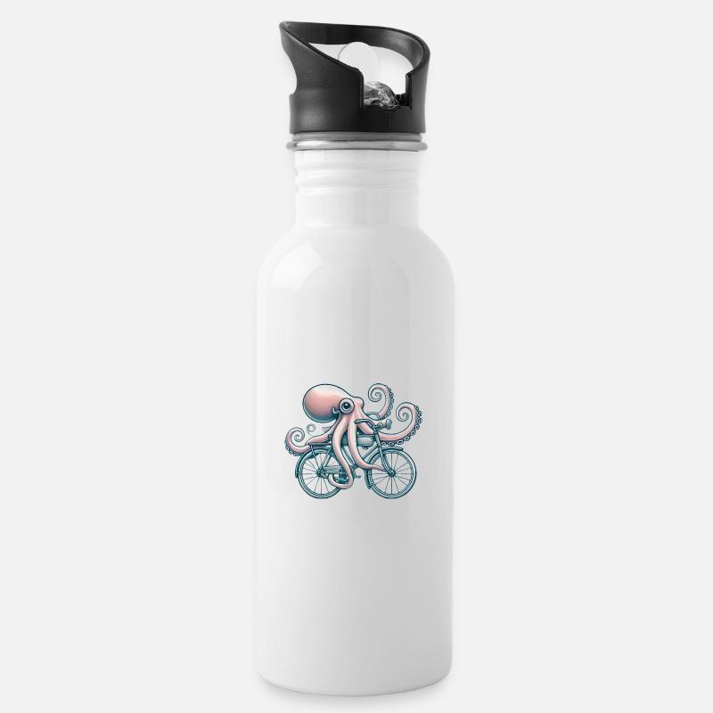 Oktopus Reitrad Vintage Style - Trinkflasche mit integriertem Trinkhalm - Weiß