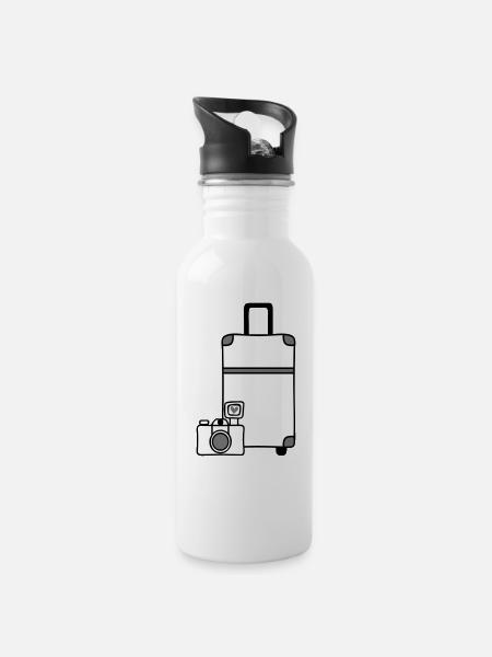 Camera Suitcase Travel Love - Water bottle with straw - white