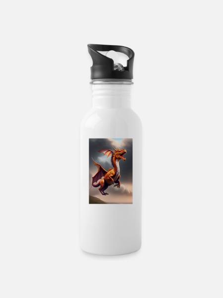 Drache überfliegt Fantasywelt - Trinkflasche mit integriertem Trinkhalm - Weiß