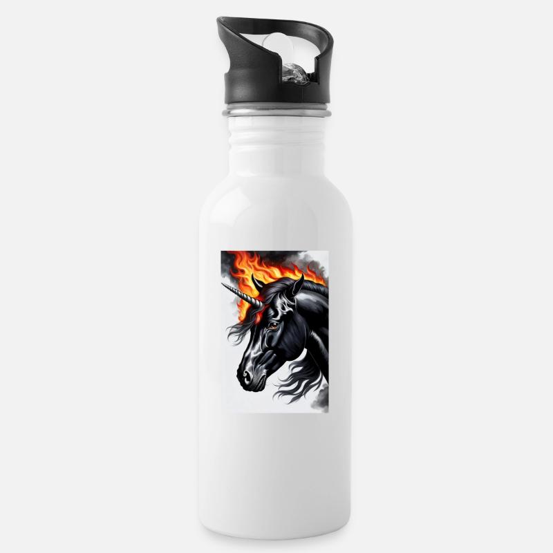 Schwarzes Einhorn - Trinkflasche mit integriertem Trinkhalm - Weiß