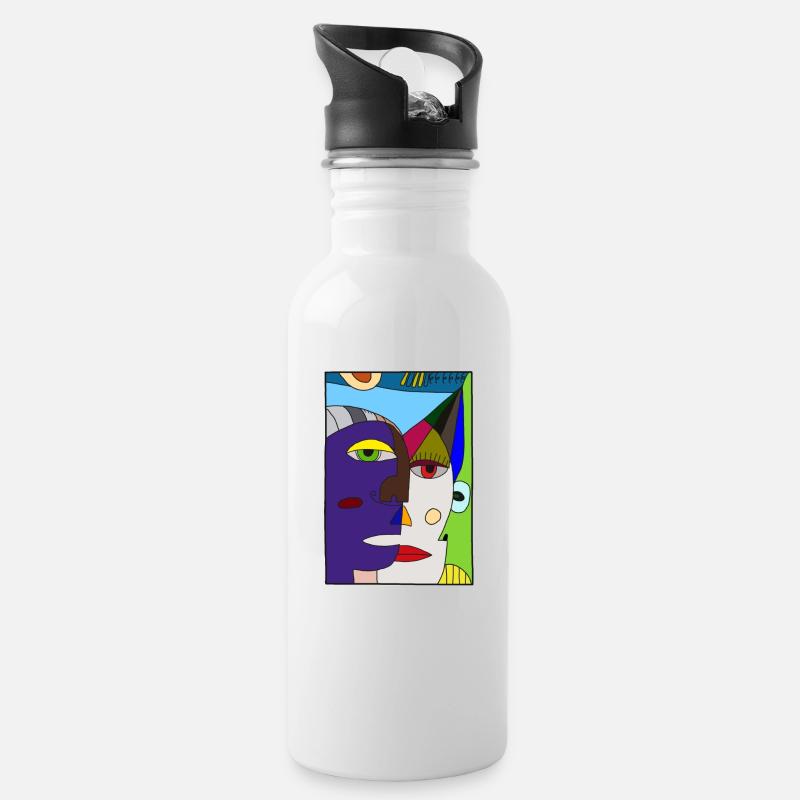 Abstract Faces Picasso - Trinkflasche mit integriertem Trinkhalm - Weiß