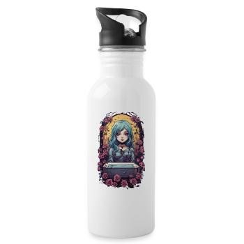 Gothic Anime Kawaii Girl with Roses Victorian - Water bottle with straw - white - Right