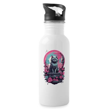 Gothic Pastel Katze mit Mond und Rosen - Trinkflasche mit integriertem Trinkhalm - Weiß - Rechts