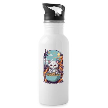 Kawaii Cat Loves Japanese Ramen Noodle Soup - Water bottle with straw - white - Right