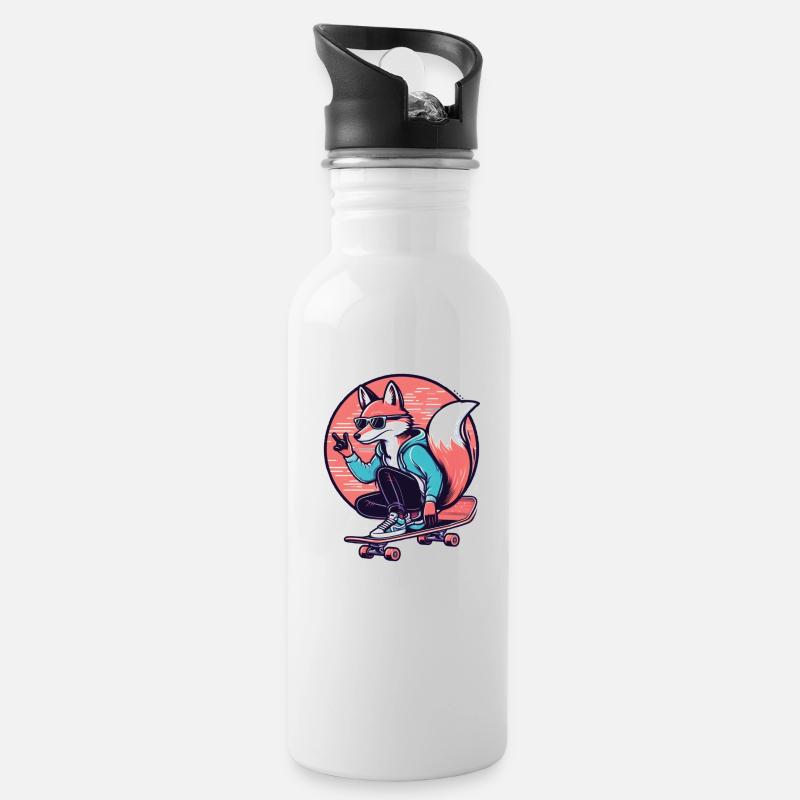 Skater-Fuchs - Trinkflasche mit integriertem Trinkhalm - Weiß