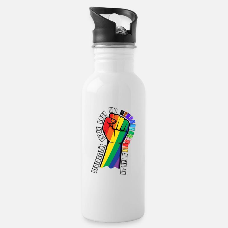 Statement-Sticker Menschenrechte - Trinkflasche mit integriertem Trinkhalm - Weiß