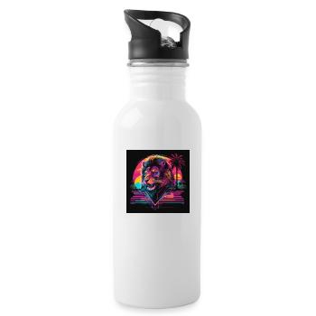 Löwe mit Neonfarben, Synthwave / 80er Jahre - Trinkflasche mit integriertem Trinkhalm - Weiß - Rechts
