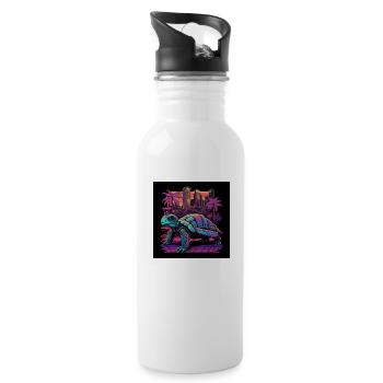 Schildkröte mit Neonfarben, Synthwave / 80er Jahre - Trinkflasche mit integriertem Trinkhalm - Weiß - Rechts