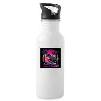 Dinosaurier mit Neonfarben, Synthwave / 80er Jahre - Trinkflasche mit integriertem Trinkhalm - Weiß - Rechts