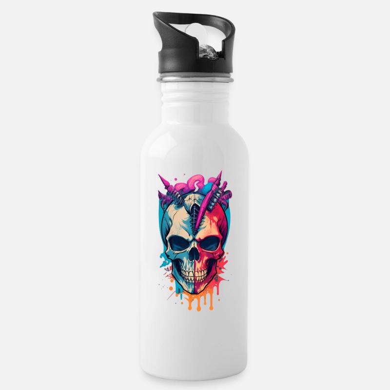 Totenkopf - Trinkflasche mit integriertem Trinkhalm - Weiß