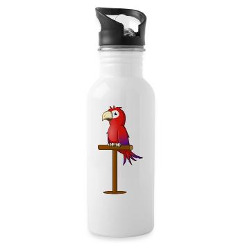 Cartoon drawing; A red parrot on a stick - Water bottle with straw - white - Right