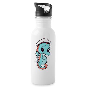 Hippocampe de dessin animé joyeux dans un chapeau de marin - Gourde avec paille intégrée - blanc - Droite