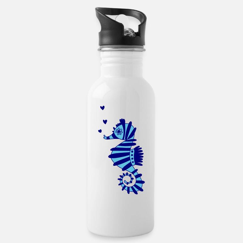 Seepferdchen blau - Trinkflasche mit integriertem Trinkhalm - Weiß