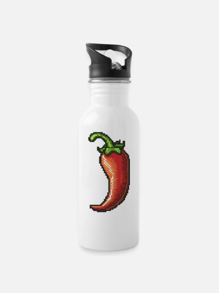 Pixel Chili Pepper Retro Glanz - Trinkflasche mit integriertem Trinkhalm - Weiß