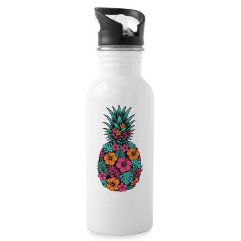 Neon Tropical Pineapple Flower Pattern - Water bottle with straw - white - Right