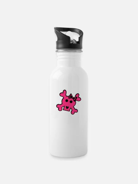 Girlie - Lady - Skull - Totenschädel - Trinkflasche mit integriertem Trinkhalm - Weiß