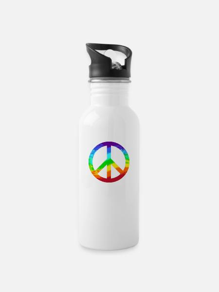 Peace-Zeichen Regenbogen Frieden Pazifist Reggae - Trinkflasche mit integriertem Trinkhalm - Weiß
