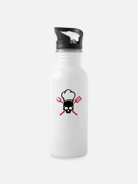 grillen__totenkopf_skull_2__f2 - Trinkflasche mit integriertem Trinkhalm - Weiß