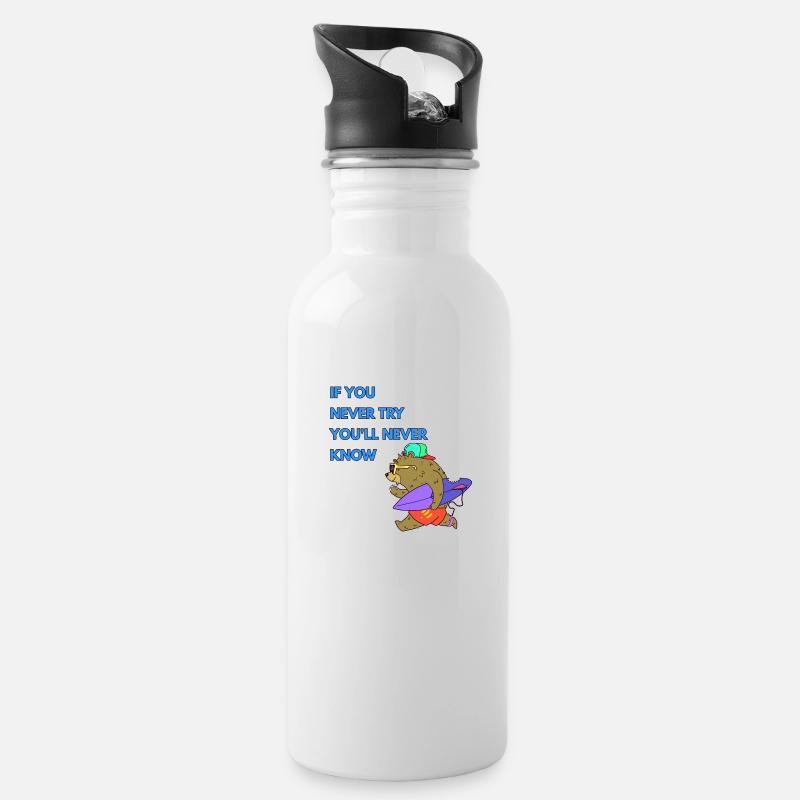 Cool Surfer Bär mit Surfbrett versucht sein Glück - Trinkflasche mit integriertem Trinkhalm - Weiß