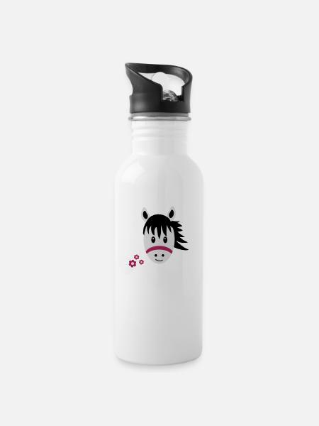 Lustiges Pferd / Pony - Trinkflasche mit integriertem Trinkhalm - Weiß