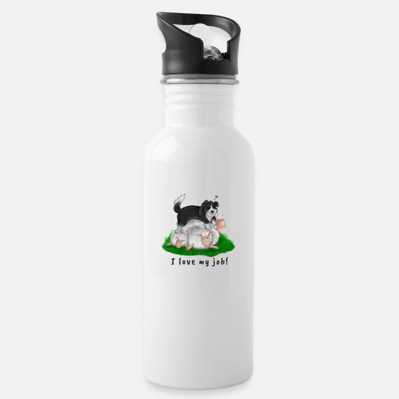 Border Collie - Trinkflasche mit integriertem Trinkhalm - Weiß