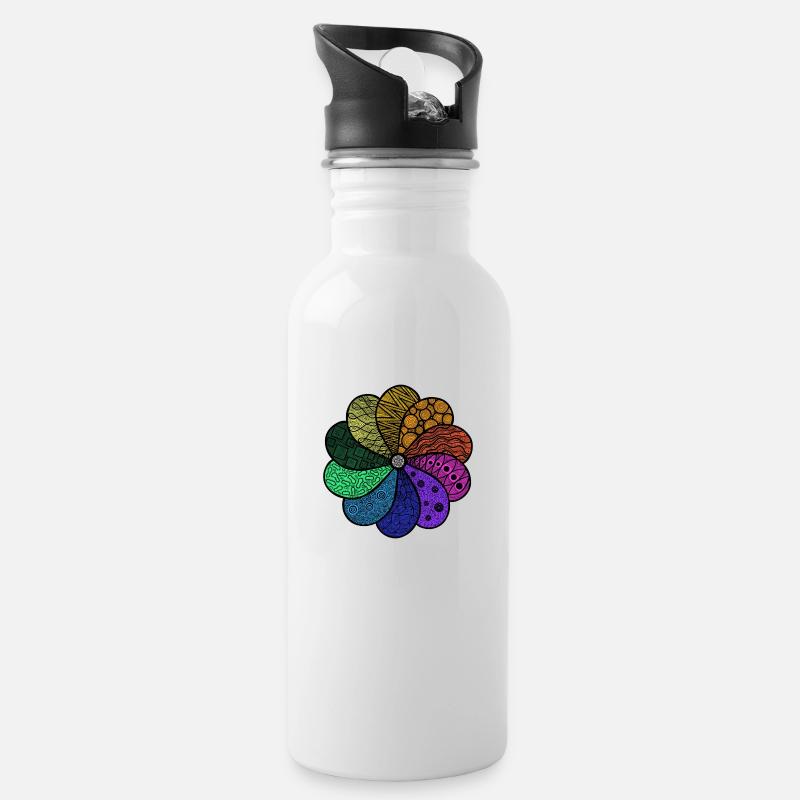 Zentangle Blume - Trinkflasche mit integriertem Trinkhalm - Weiß