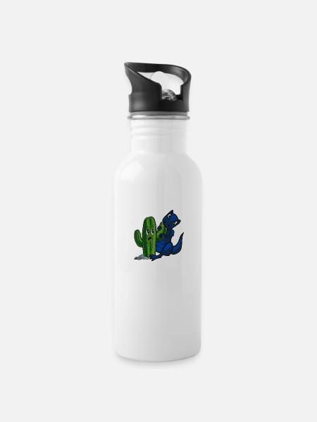Dino und Kaktus - Trinkflasche mit integriertem Trinkhalm - Weiß