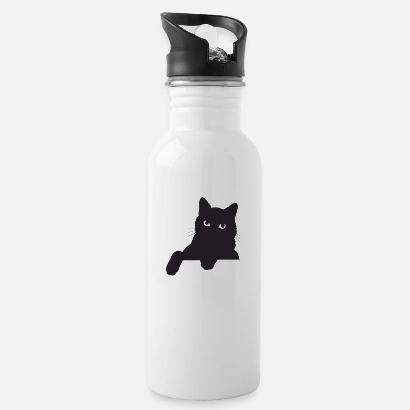 Lustige Schwarze Katze - Trinkflasche mit integriertem Trinkhalm - Weiß