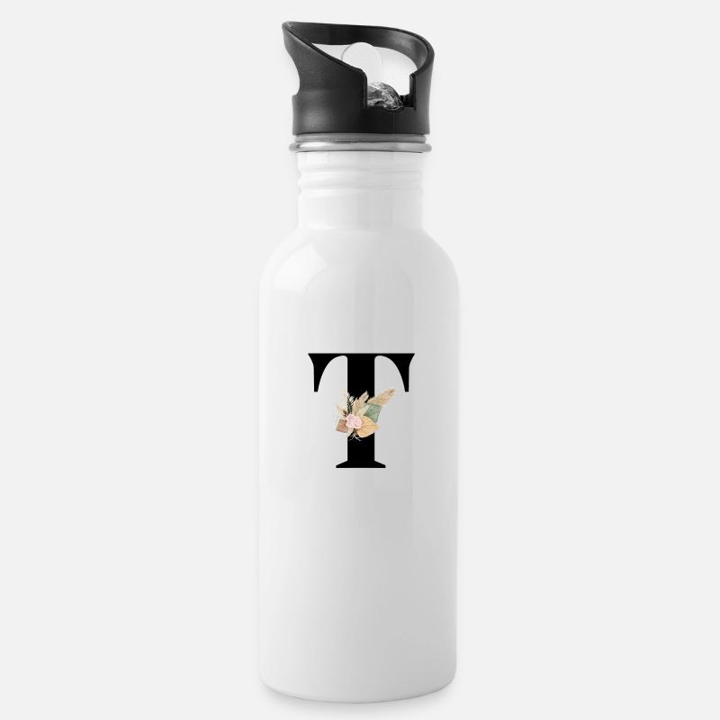 blumiger Buchstabe T - Trinkflasche mit integriertem Trinkhalm - Weiß
