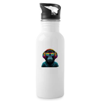 Regenbogen Affe mit Kopfhörer - Trinkflasche mit integriertem Trinkhalm - Weiß - Rechts