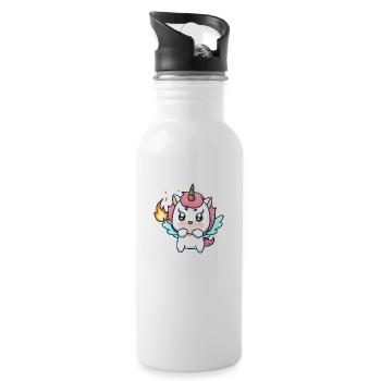 00230 verzücktes Einhorn mit Flügel und Feuer - Trinkflasche mit integriertem Trinkhalm - Weiß - Rechts