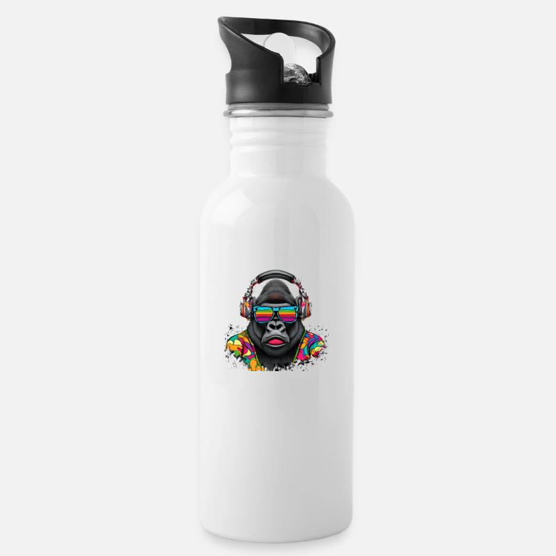 Hingucker Gorilla mit Kopfhörern und Sonnenbrille - Trinkflasche mit integriertem Trinkhalm - Weiß