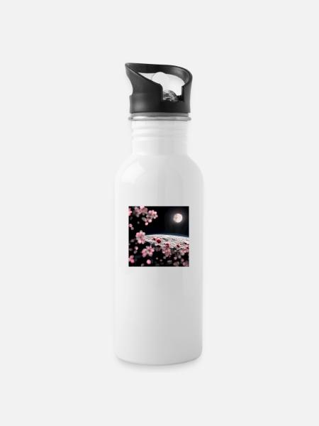Cherry Tree on the Moon - Trinkflasche mit integriertem Trinkhalm - Weiß