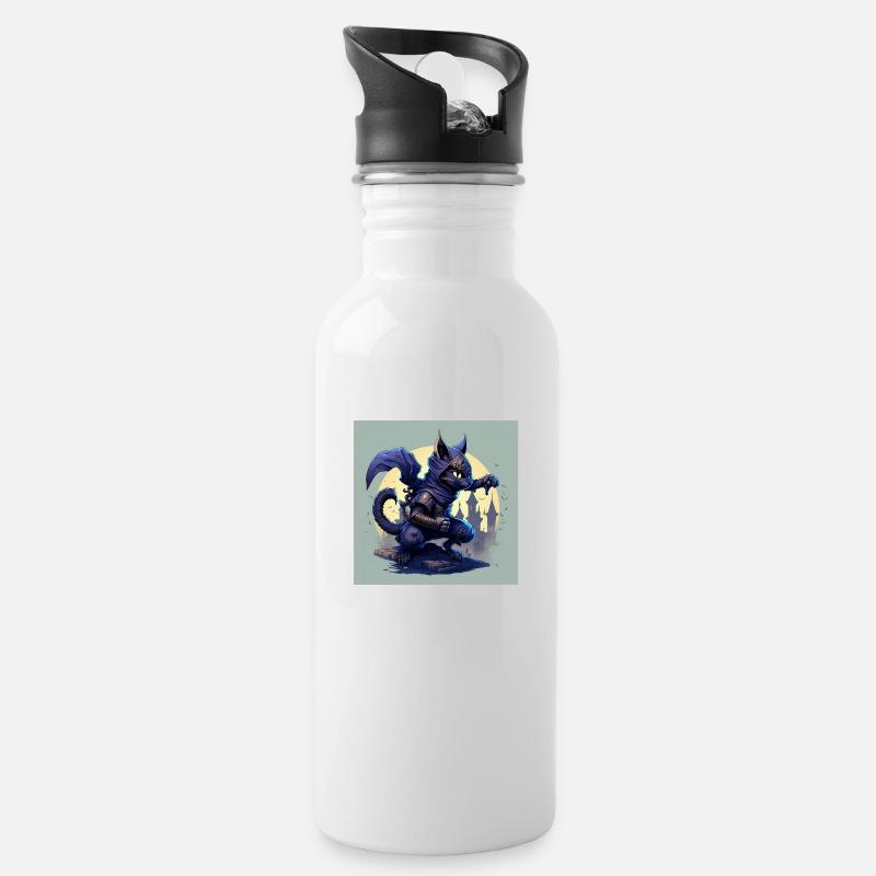 Ninja Katze - Trinkflasche mit integriertem Trinkhalm - Weiß