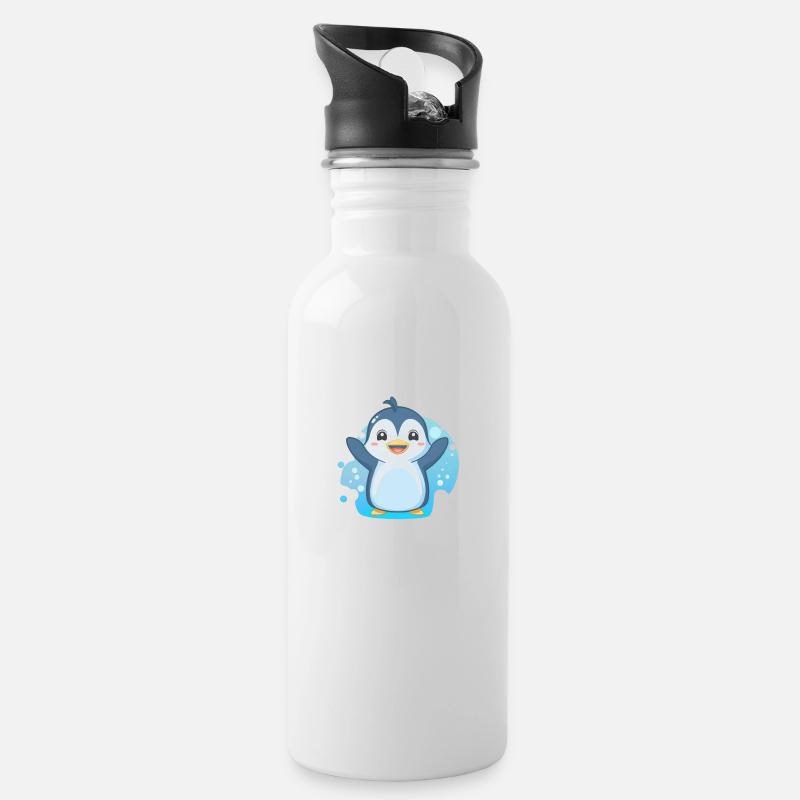 Süßer Pinguin - Trinkflasche mit integriertem Trinkhalm - Weiß