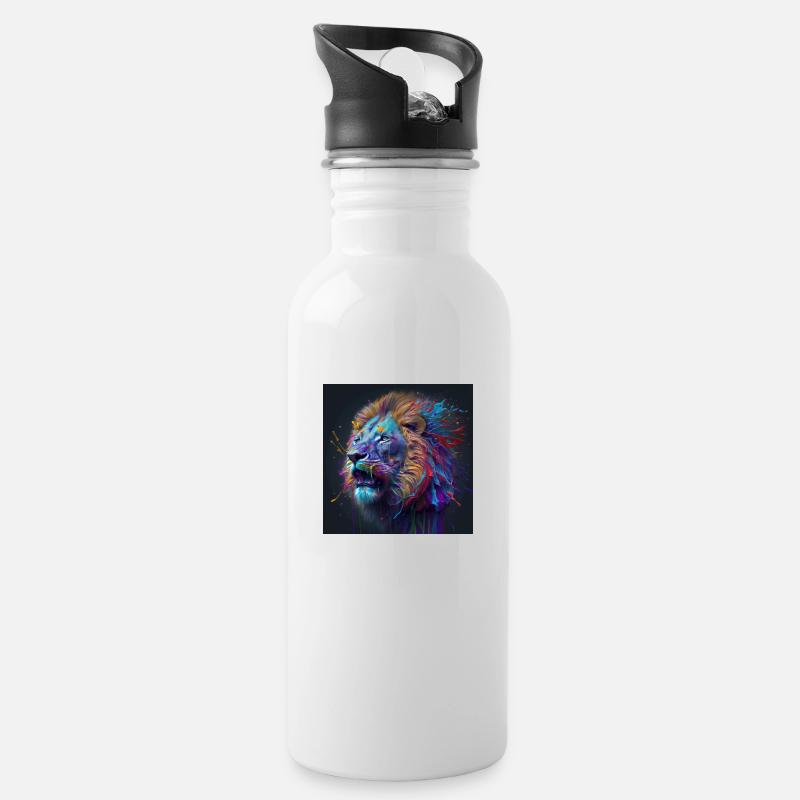 Farbiger Löwe, einzigartiges Design - Trinkflasche mit integriertem Trinkhalm - Weiß