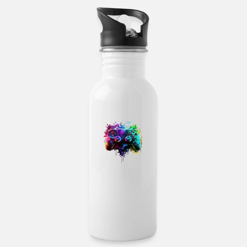 Neon Gaming Controller / Kontroller - Trinkflasche mit integriertem Trinkhalm - Weiß