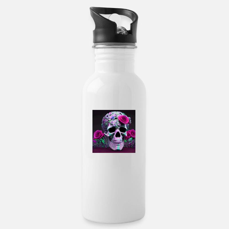 Totenkopf mit Rosen - Trinkflasche mit integriertem Trinkhalm - Weiß