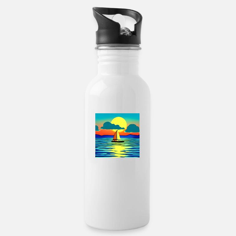 Sonnenuntergang mit Segelboot - Trinkflasche mit integriertem Trinkhalm - Weiß