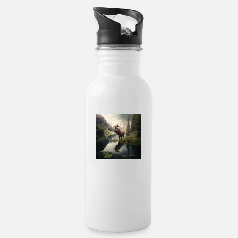 Elch am Fluss - Trinkflasche mit integriertem Trinkhalm - Weiß